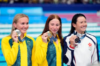 | Photo: AP/Martin Meissner : Ariarne Titmus, Gold medalist Mollie O'Callaghan and Siobhan Bernadette Haughey